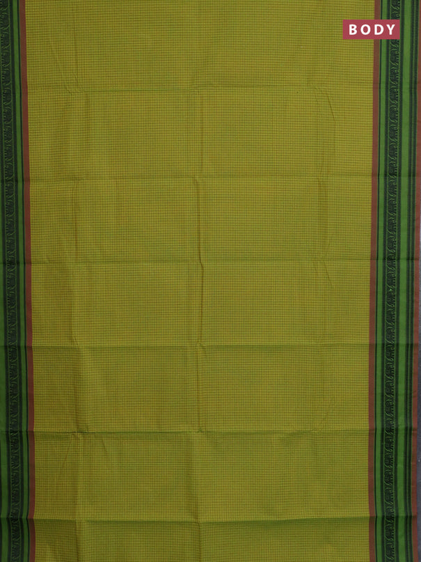 Chettinad cotton saree lime green and green pink with allover thread checked pattern and thread woven border
