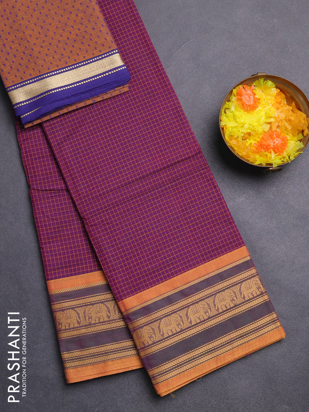 Chettinad cotton saree purple and mustard shade with allover checked pattern and thread woven border