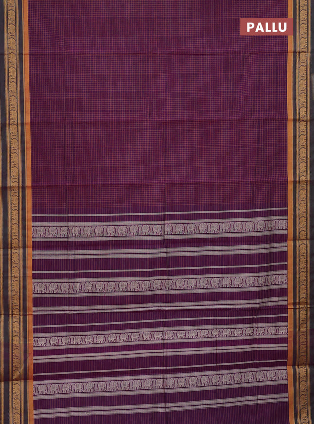 Chettinad cotton saree purple and mustard shade with allover checked pattern and thread woven border