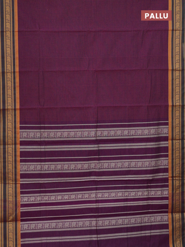 Chettinad cotton saree purple and mustard shade with allover checked pattern and thread woven border