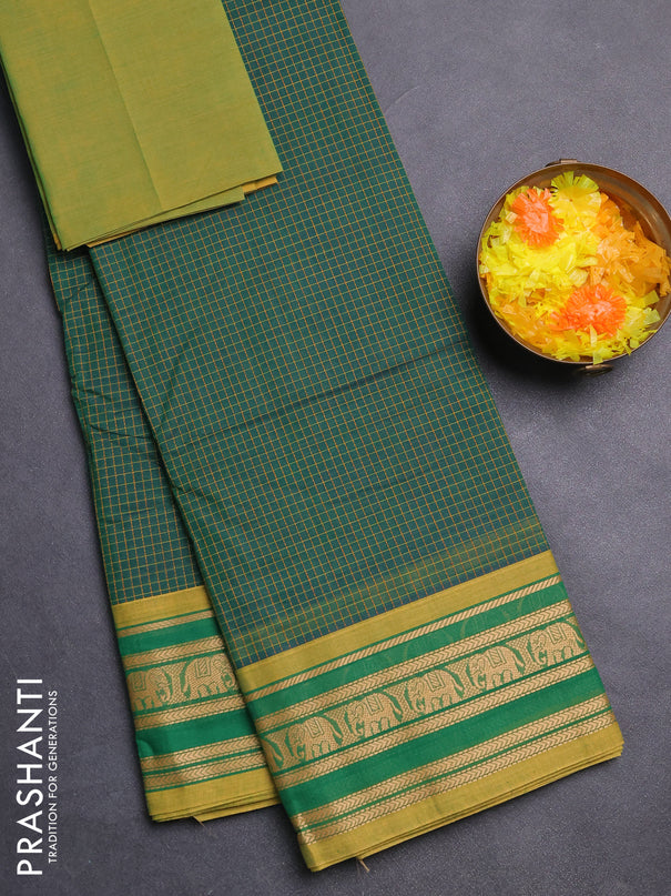 Chettinad cotton saree dark green and light green with allover checked pattern and thread woven border