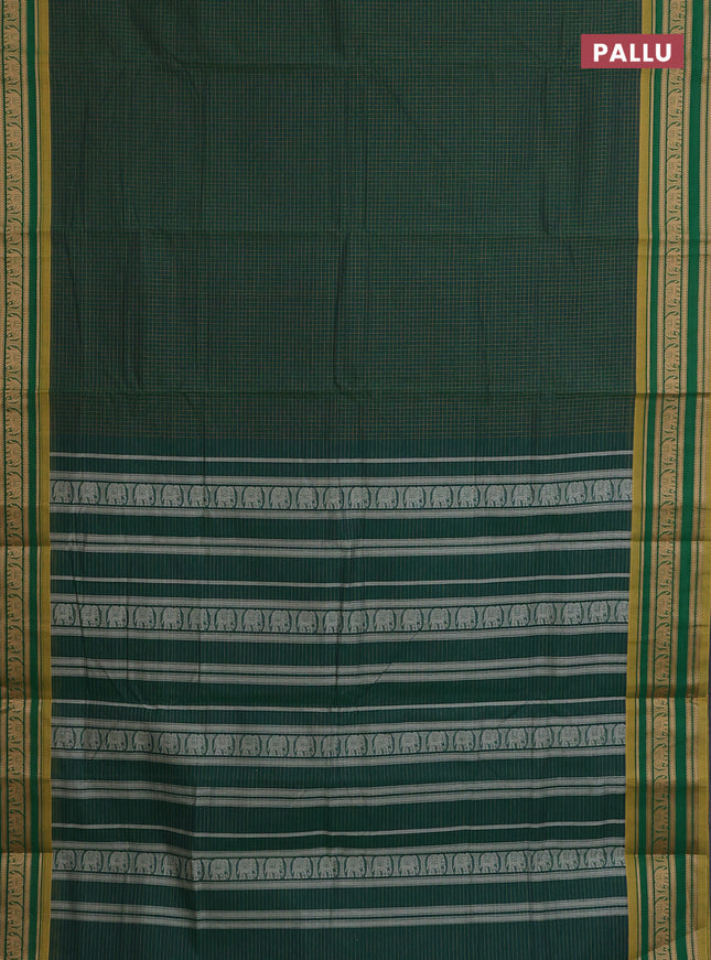 Chettinad cotton saree dark green and light green with allover checked pattern and thread woven border