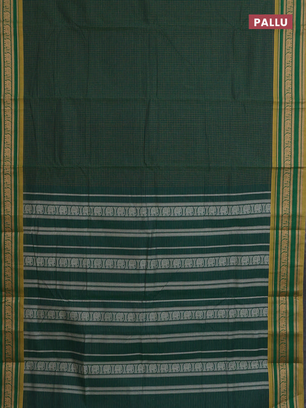 Chettinad cotton saree dark green and light green with allover checked pattern and thread woven border