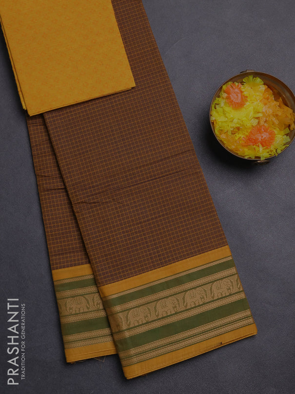 Chettinad cotton saree brown shade and mustard shade with allover checked pattern and thread woven border