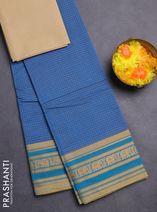 Chettinad cotton saree blue and sandal with allover checked pattern and thread woven border