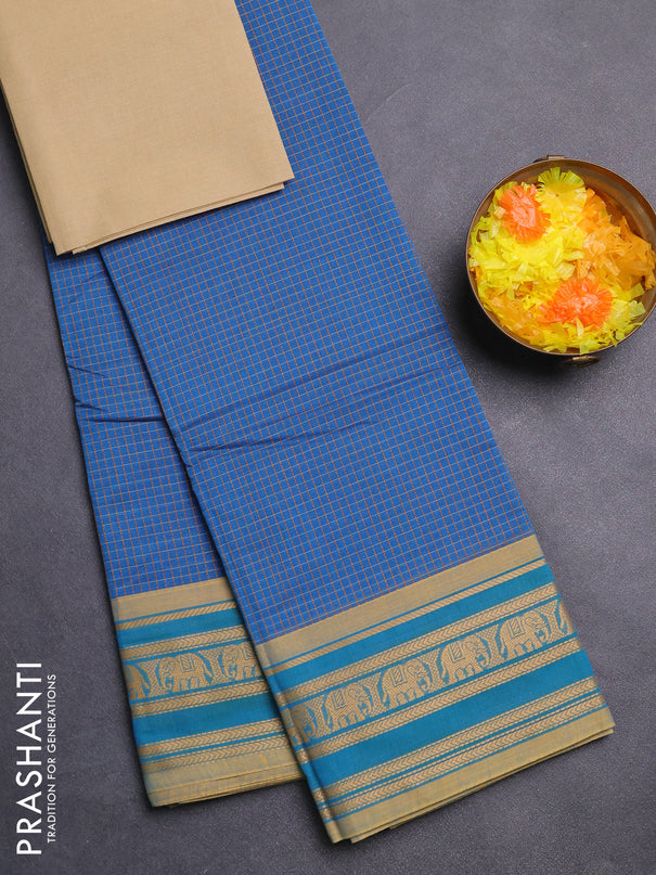 Chettinad cotton saree blue and sandal with allover checked pattern and thread woven border