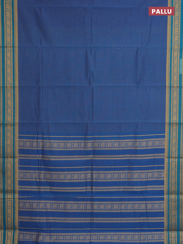 Chettinad cotton saree blue and sandal with allover checked pattern and thread woven border