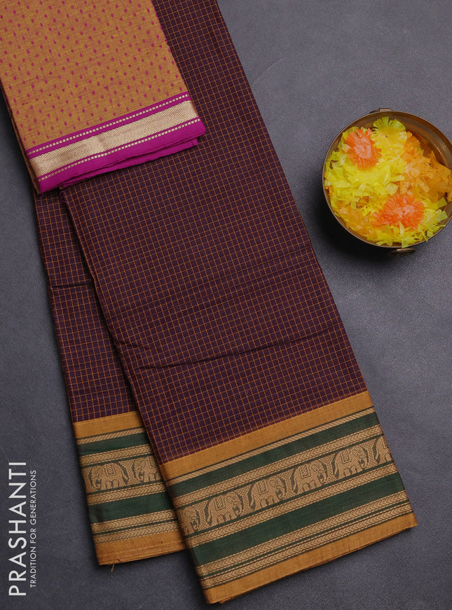 Chettinad cotton saree wine shade and green with allover checked pattern and thread woven border
