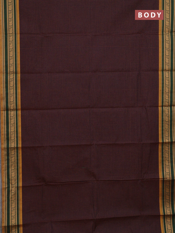 Chettinad cotton saree wine shade and green with allover checked pattern and thread woven border