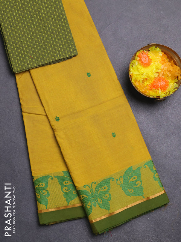 Chettinad cotton saree lime yellow and green with thread woven buttas and thread woven butterfly border