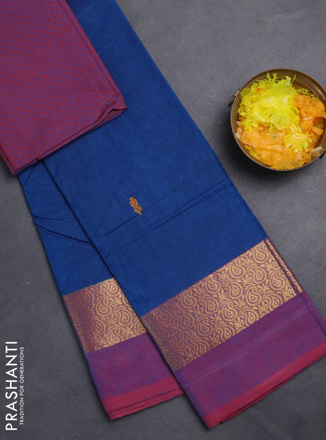 Chettinad cotton saree cs blue and dual shade of maroon with thread woven buttas and zari woven simple border