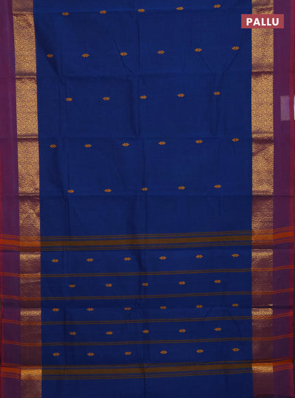 Chettinad cotton saree cs blue and dual shade of maroon with thread woven buttas and zari woven simple border