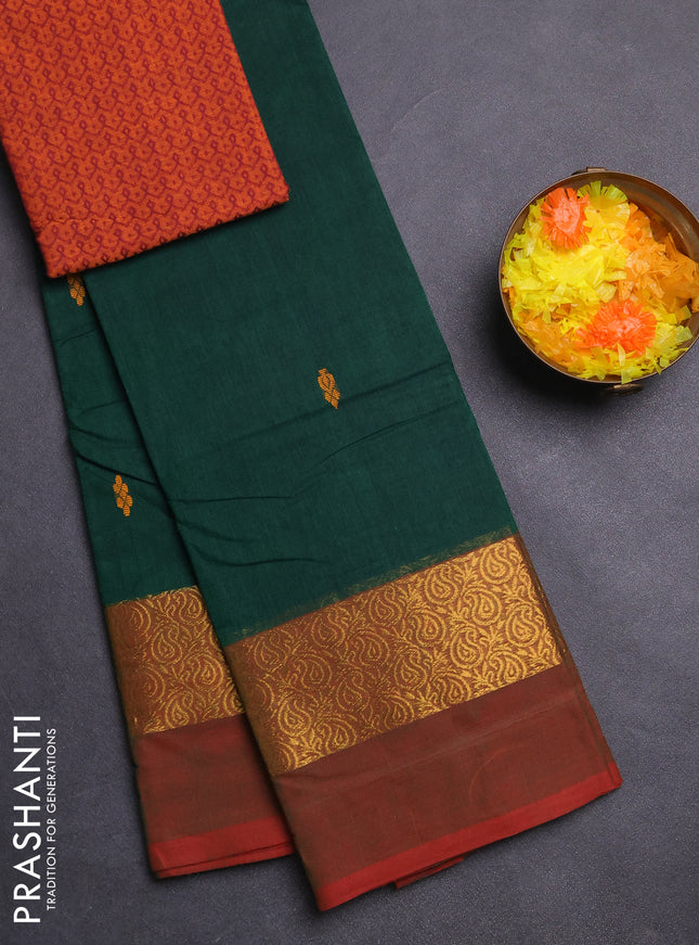 Chettinad cotton saree green and dual shade of maroon with thread woven buttas and zari woven simple border