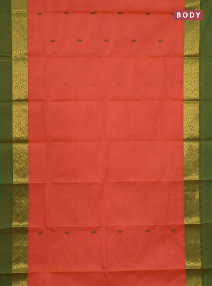 Chettinad cotton saree peach orange and green shade with thread woven buttas and zari woven simple border