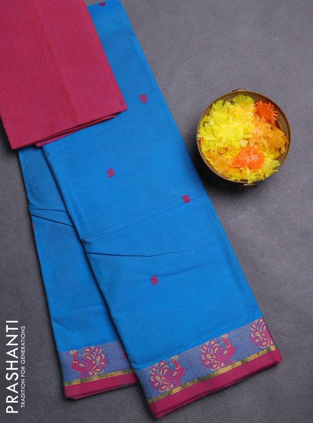 Chettinad cotton saree cs blue and magenta pink with thread woven buttas and thread woven border