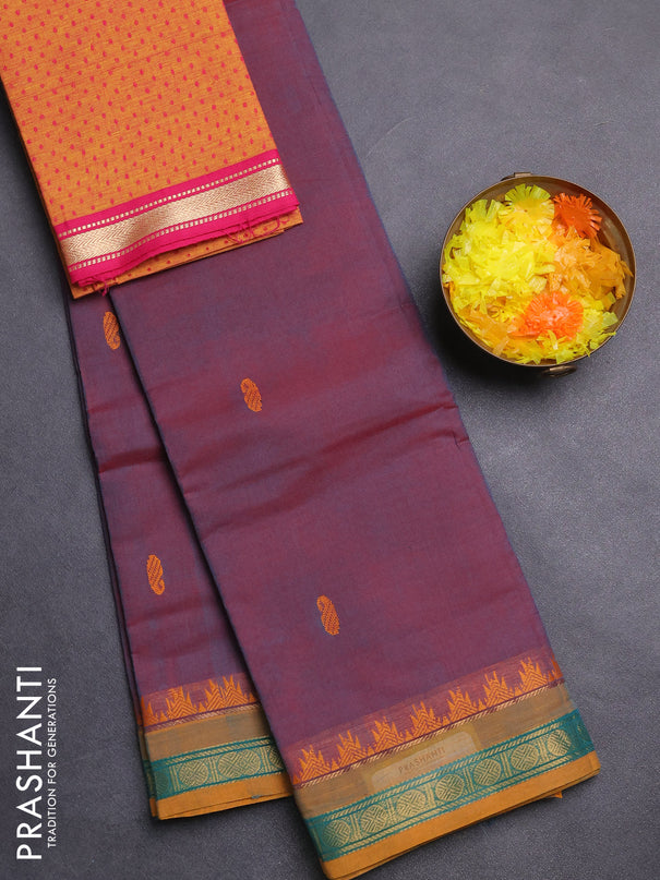 Chettinad cotton saree dual shade of maroon and mustard yellow with thread woven buttas and zari woven border