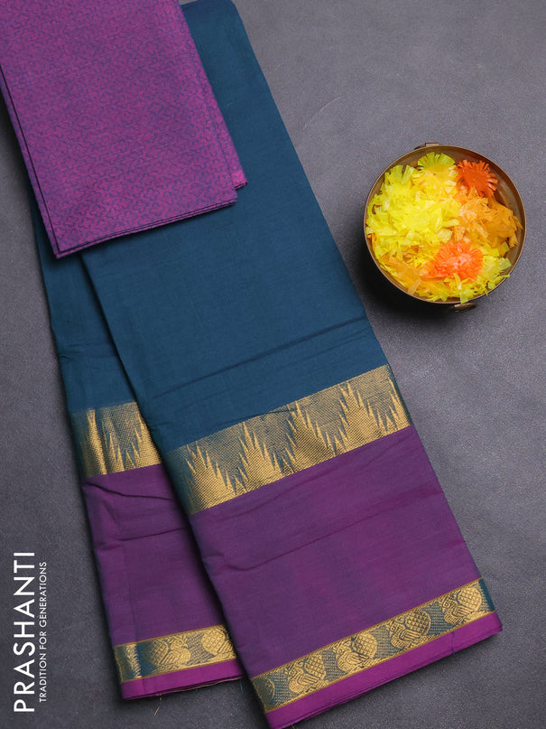 Chettinad cotton saree peacock green and purple with thread woven buttas and long rettapet zari woven border