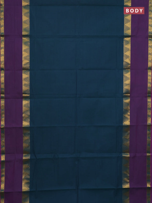 Chettinad cotton saree peacock green and purple with thread woven buttas and long rettapet zari woven border