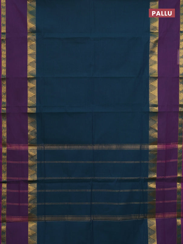 Chettinad cotton saree peacock green and purple with thread woven buttas and long rettapet zari woven border