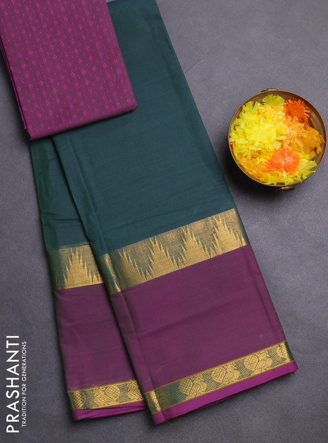 Chettinad cotton saree dual shade of greenish blue and purple with thread woven buttas and long rettapet zari woven border