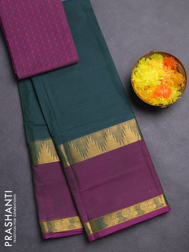 Chettinad cotton saree dual shade of greenish blue and purple with thread woven buttas and long rettapet zari woven border