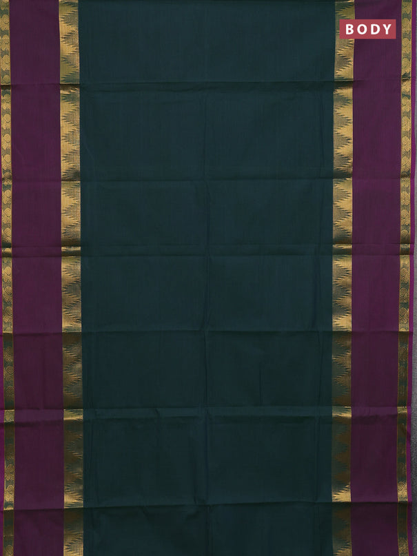 Chettinad cotton saree dual shade of greenish blue and purple with thread woven buttas and long rettapet zari woven border