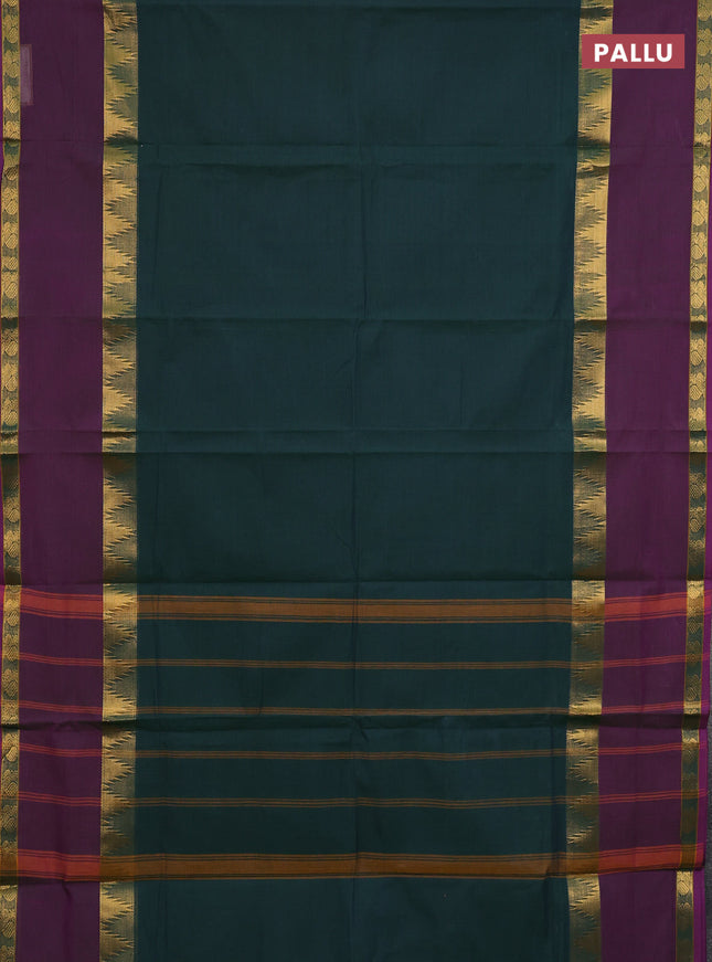 Chettinad cotton saree dual shade of greenish blue and purple with thread woven buttas and long rettapet zari woven border