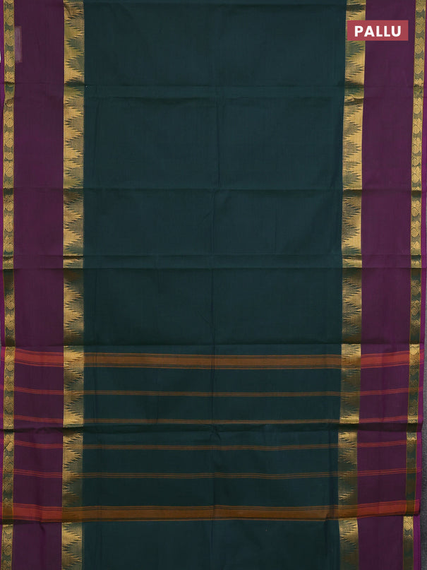 Chettinad cotton saree dual shade of greenish blue and purple with thread woven buttas and long rettapet zari woven border
