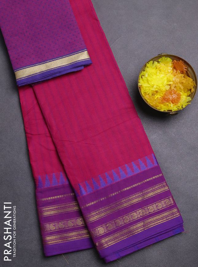 Chettinad cotton saree pink and purple with allover stripe pattern and zari woven border