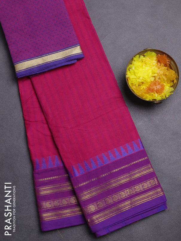 Chettinad cotton saree pink and purple with allover stripe pattern and zari woven border
