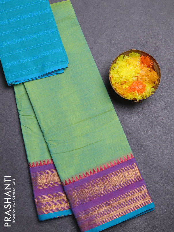 Chettinad cotton saree dual shade of light green and dual shade of blue with plain body and rettapet zari woven border
