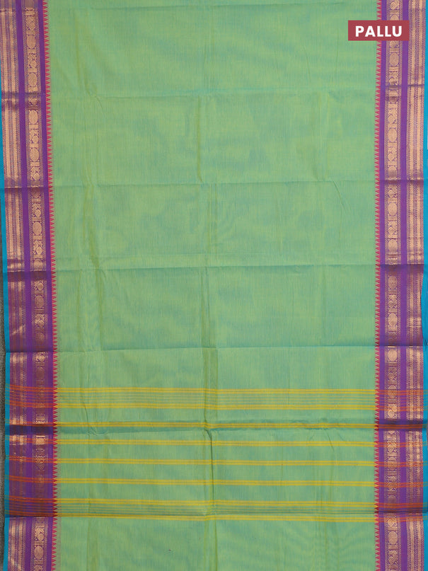 Chettinad cotton saree dual shade of light green and dual shade of blue with plain body and rettapet zari woven border