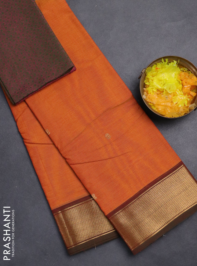 Chettinad cotton saree sunset orange and dual shade of green with zari woven buttas and zari woven border