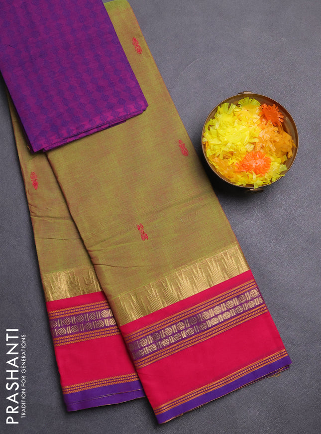 Chettinad cotton saree dual shade of light green and pink with thread woven buttas and temple design rettapet zari woven border