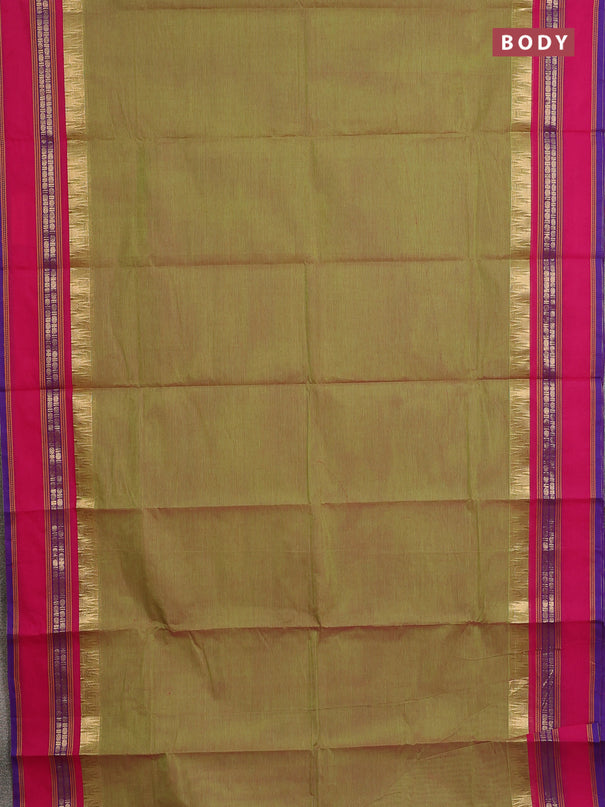 Chettinad cotton saree dual shade of light green and pink with thread woven buttas and temple design rettapet zari woven border