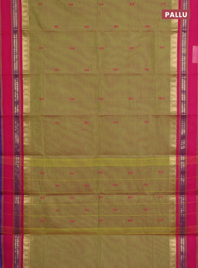 Chettinad cotton saree dual shade of light green and pink with thread woven buttas and temple design rettapet zari woven border