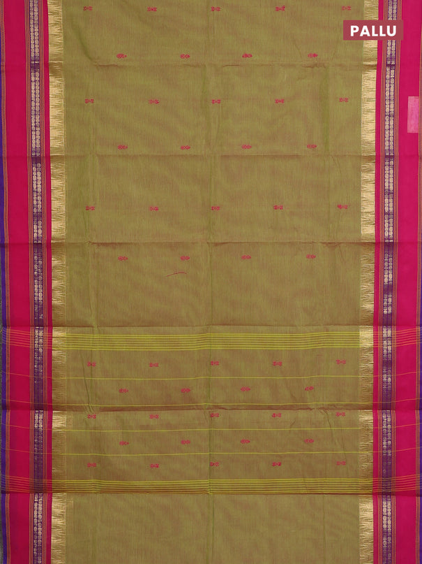 Chettinad cotton saree dual shade of light green and pink with thread woven buttas and temple design rettapet zari woven border