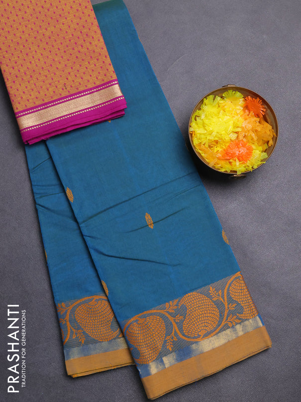 Chettinad cotton saree dual shade of blue and mustard shade with thread woven buttas and thread & zari woven border