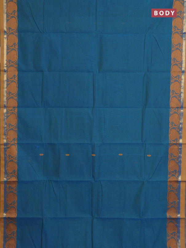 Chettinad cotton saree dual shade of blue and mustard shade with thread woven buttas and thread & zari woven border