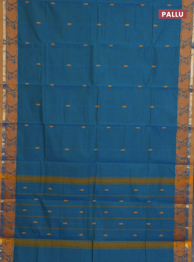 Chettinad cotton saree dual shade of blue and mustard shade with thread woven buttas and thread & zari woven border