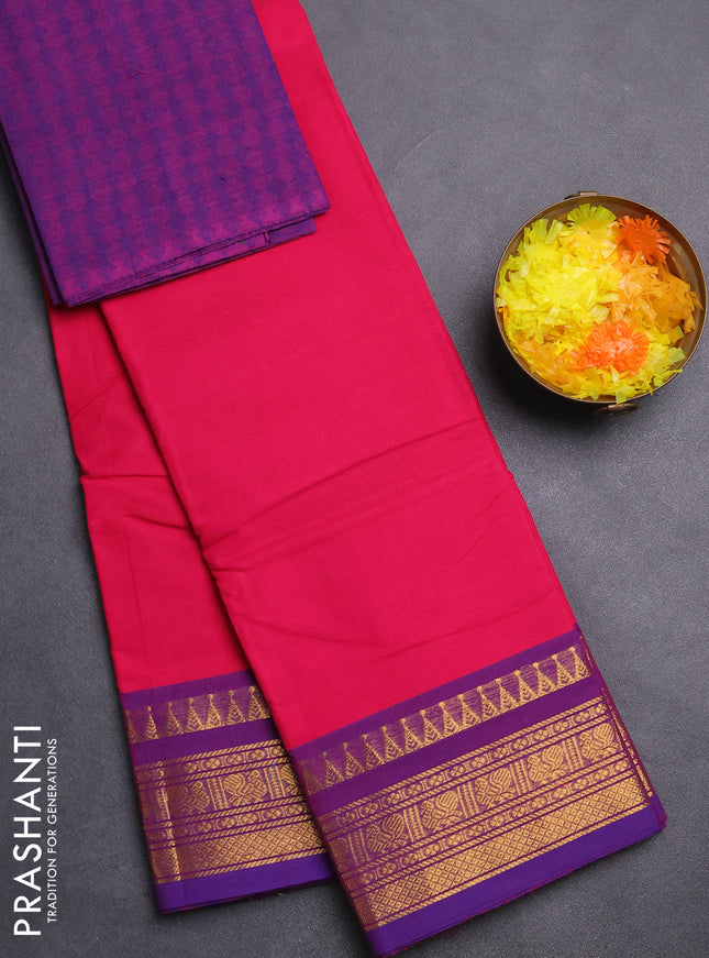 Chettinad cotton saree pink and violet with thread woven buttas and zari woven border
