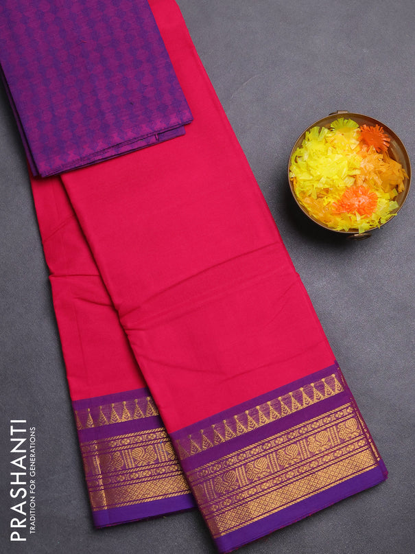 Chettinad cotton saree pink and violet with thread woven buttas and zari woven border