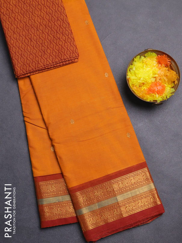 Chettinad cotton saree mustard yellow and maroon with zari woven buttas and zari woven border