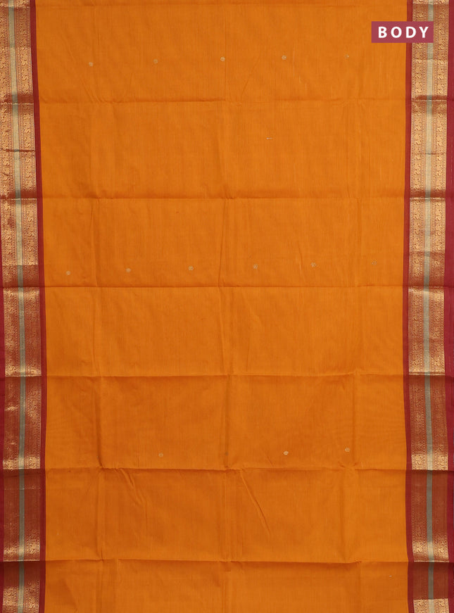 Chettinad cotton saree mustard yellow and maroon with zari woven buttas and zari woven border