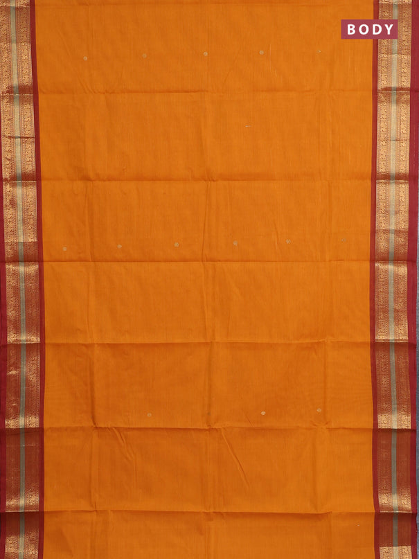 Chettinad cotton saree mustard yellow and maroon with zari woven buttas and zari woven border