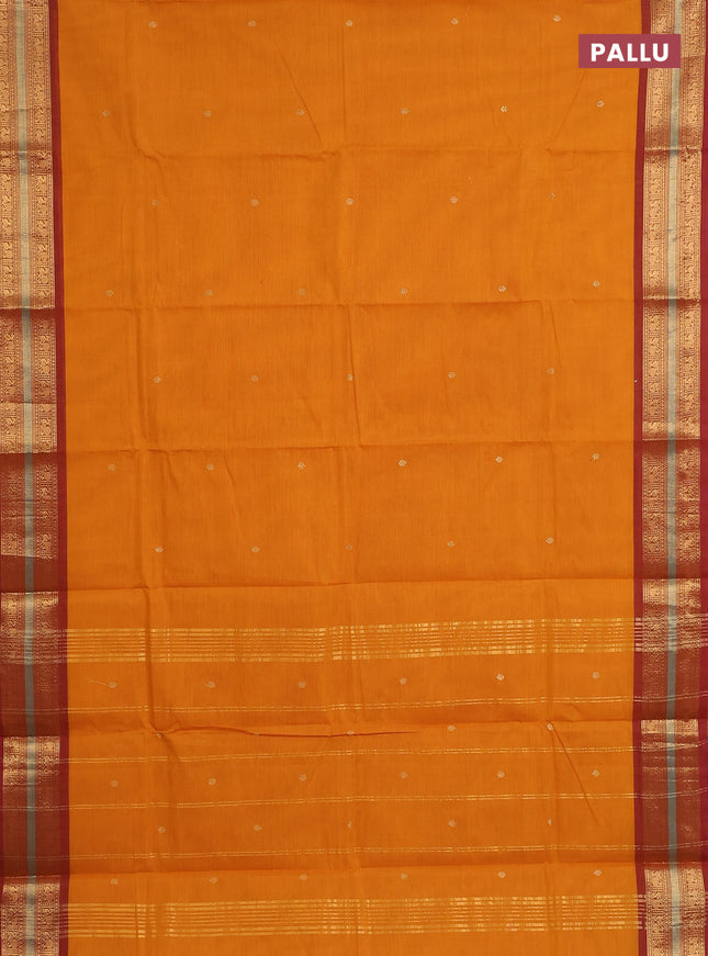 Chettinad cotton saree mustard yellow and maroon with zari woven buttas and zari woven border