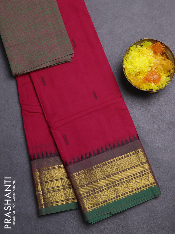 Chettinad cotton saree dark pink and green with thread woven buttas and zari woven border