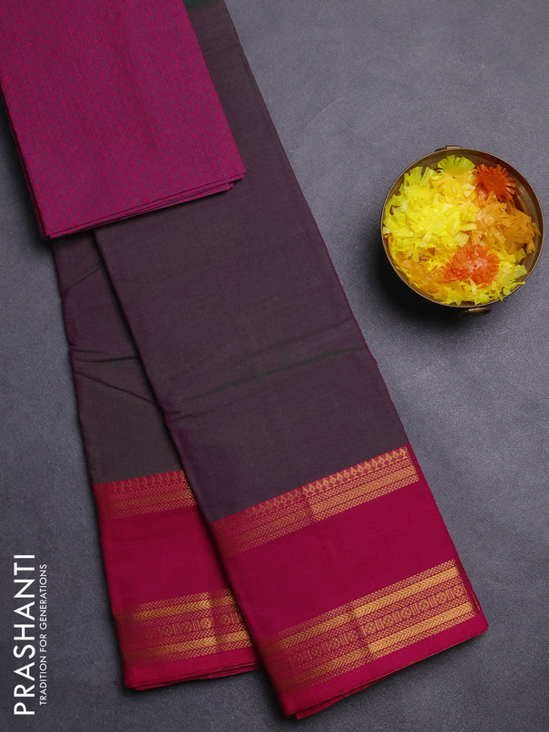 Chettinad cotton saree dual shade od greenish purple and magenta pink with plain body and rettapet zari woven border