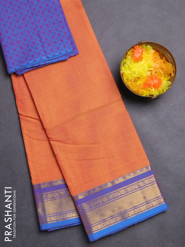 Chettinad cotton saree dual shade of yellowish pink and blue with plain body and zari woven border