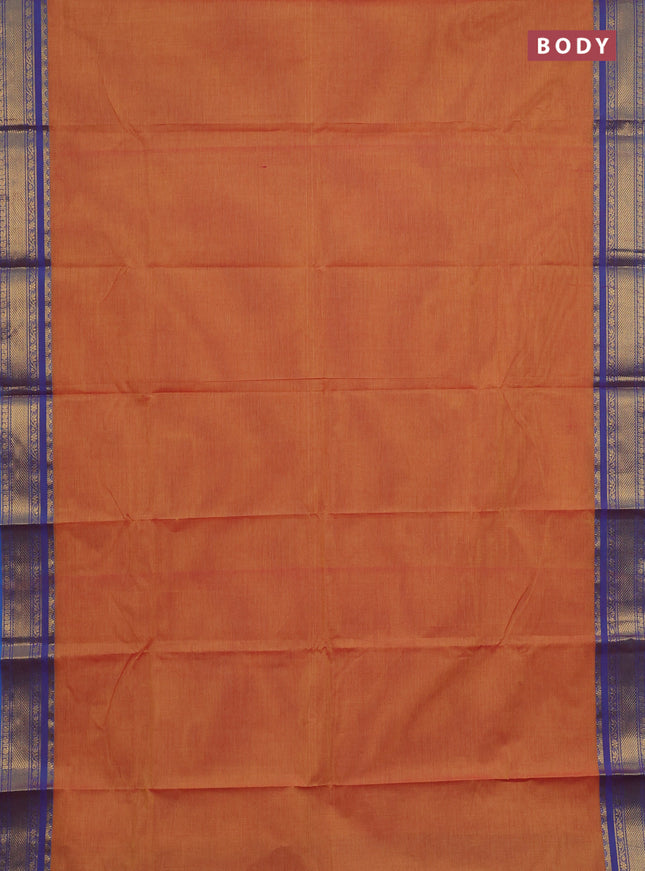 Chettinad cotton saree dual shade of yellowish pink and blue with plain body and zari woven border